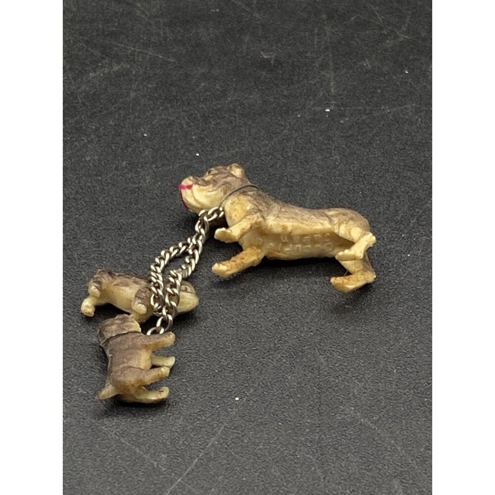 Tiny Celluloid Bull Dog Mama & 2 Puppies On Chain Leash Occupied Japan 1945 - Picture 6 of 8
